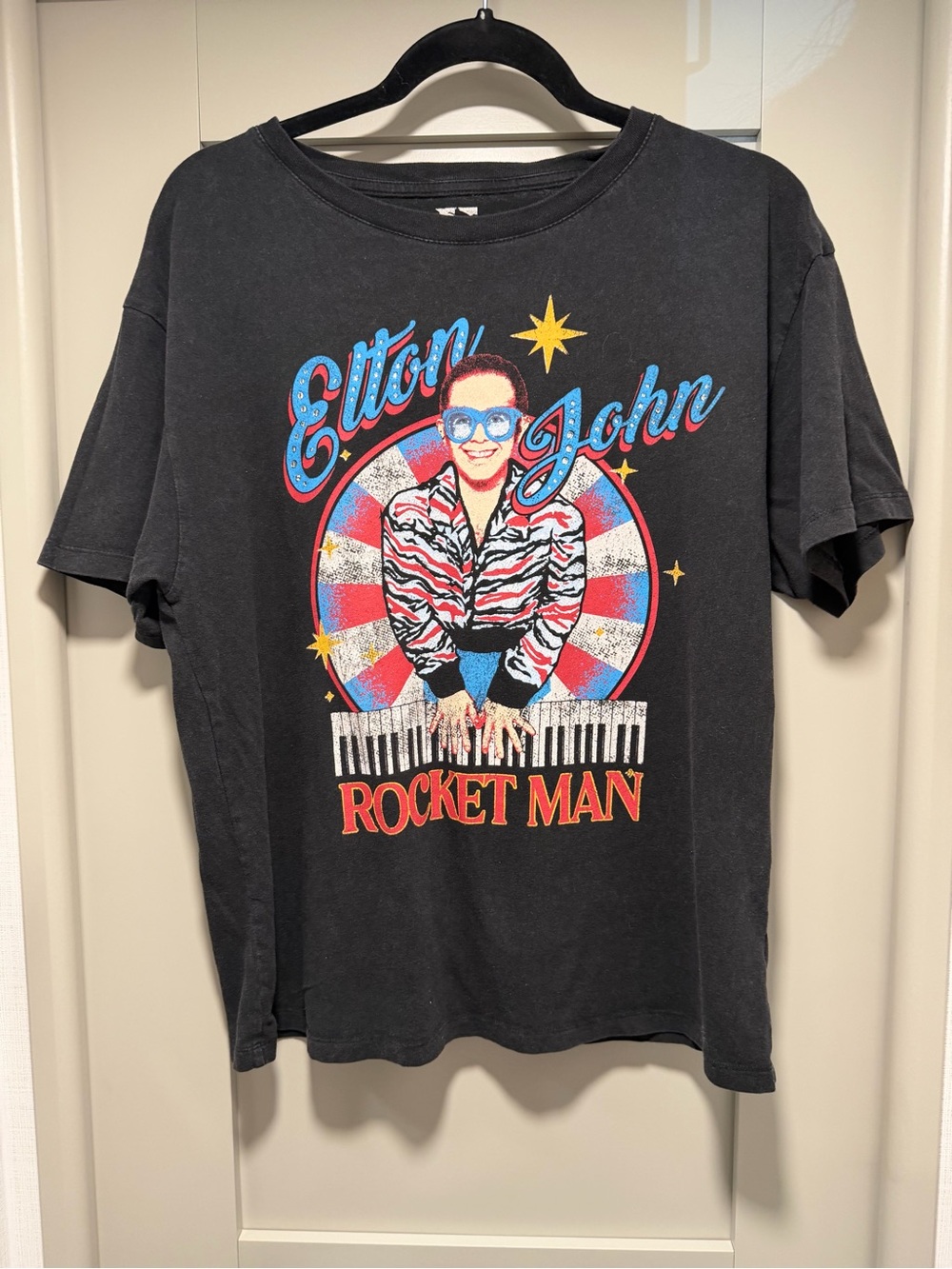DC Elton John Rocket Man Graphic Tee - Black with Red & Blue